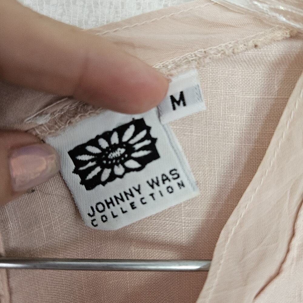Johnny Was Collection 100% Linen Mini Shift Dress Soft Pink Lace Crochet Y2K 90s - Picture 3 of 12